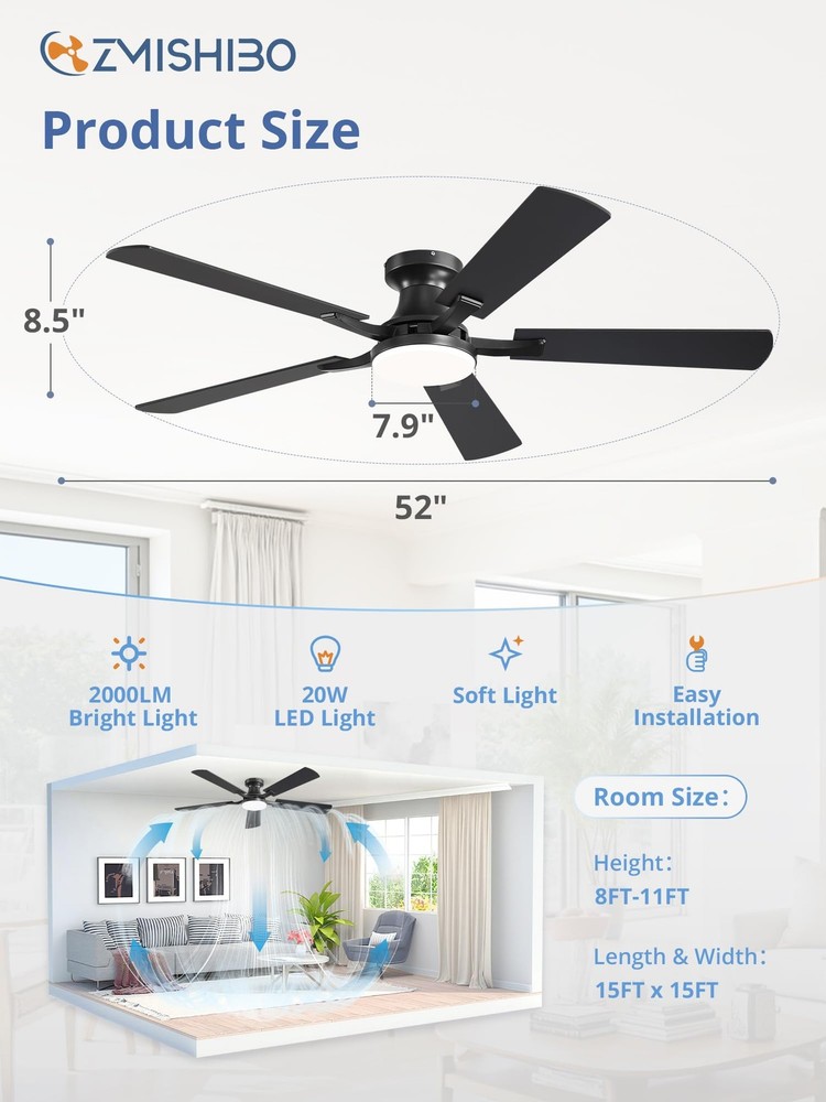 52 Inch Ceiling Fan with Light, App&Remote Control, Flush Mount Low Profile, ...