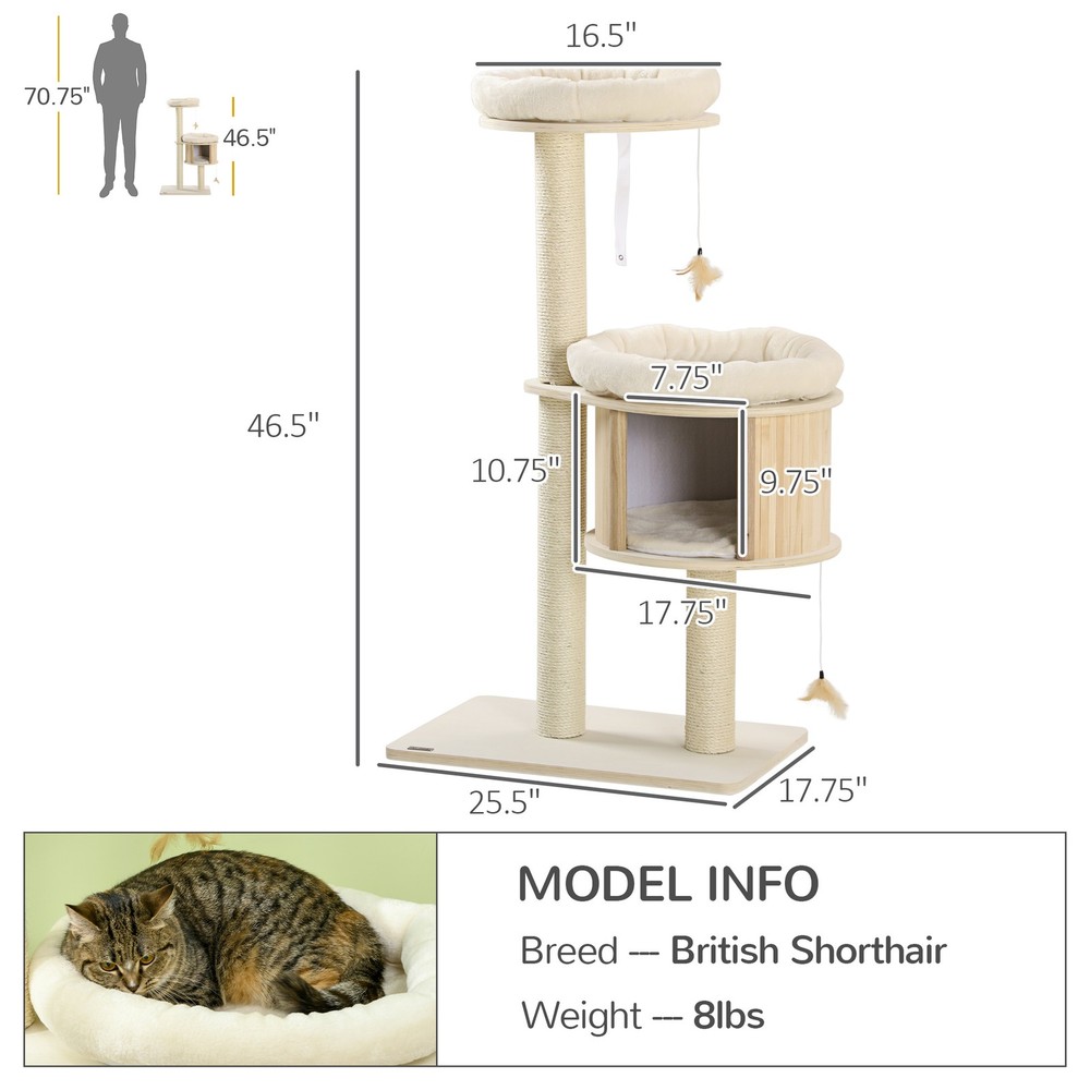 Cat Tree with Condo & Scratching Posts, 3 Platforms, Plush Cushions, Natural