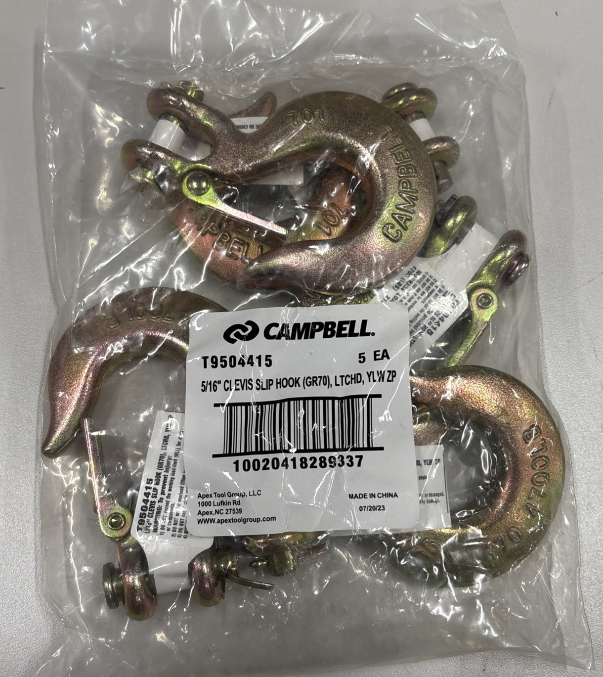 5 Pack Campbell T9504415, 5/16" Clevis Slip Hook W/Latch Grade 70