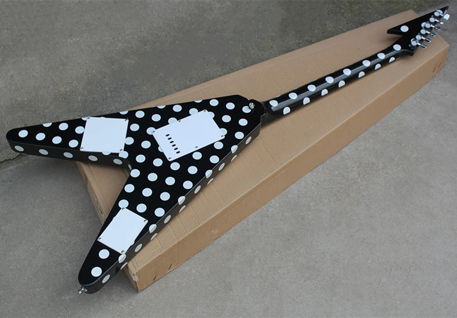 V Shape Black Body Electric Guitar with White Dots Pattern,Chrome Hardware