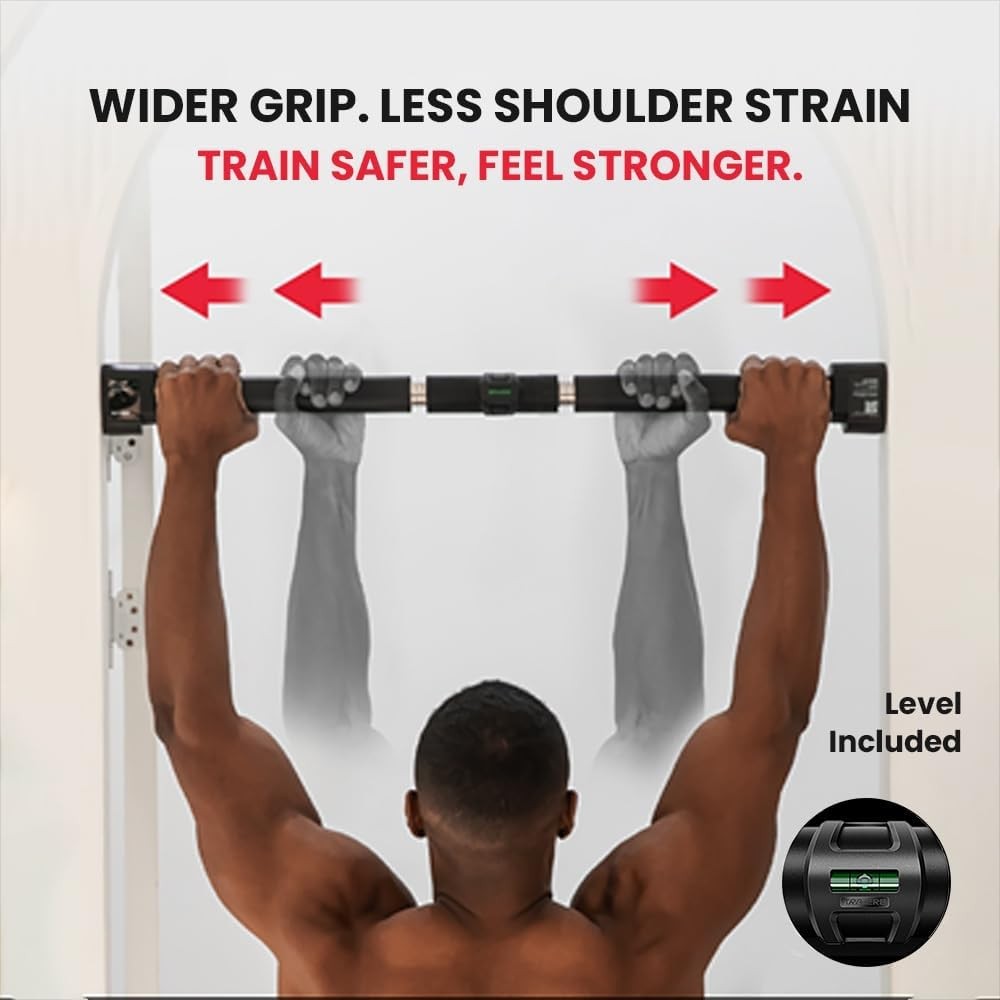Doorway Pull Up Bar, Patented Flat Structure with Uninterrupted Full-Length Grip