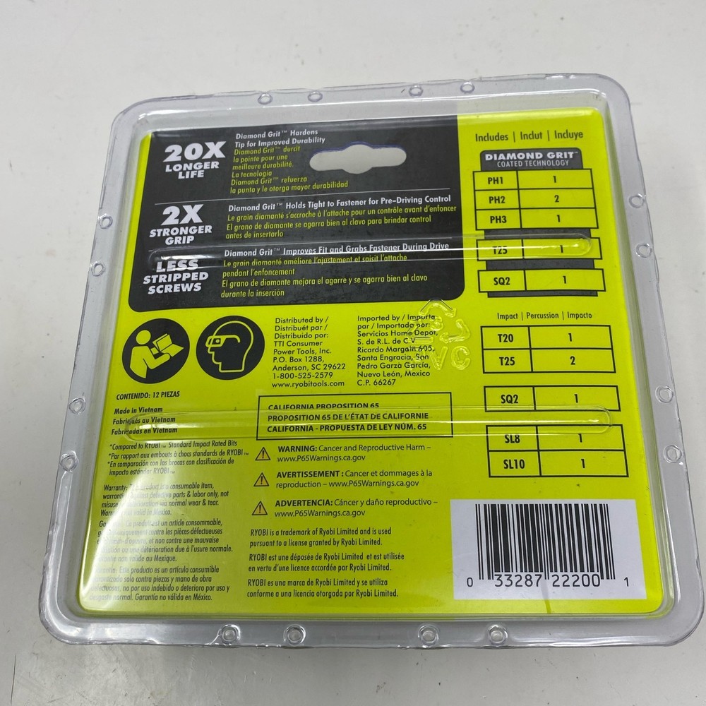 Ryobi 12-Pc 2" Diamond Grit Impact Driver Bit Set - Green