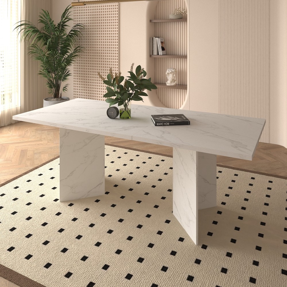 Extendable White Dining Table for 10 People Modern Faux Marble Rectangular Table