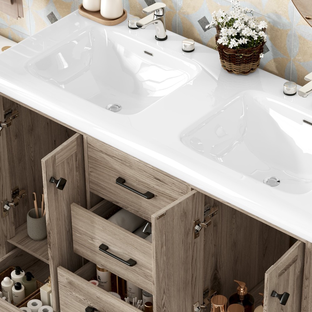 Premium Double Sink Vanity Combo with Two Ceramic Basins & Multi Layer Storage