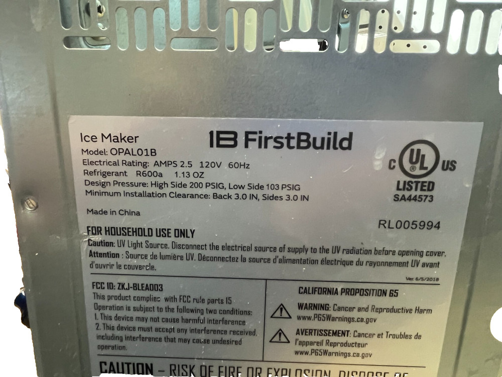 GE OPAL Ice Maker M/N OPAL01B - Back cover