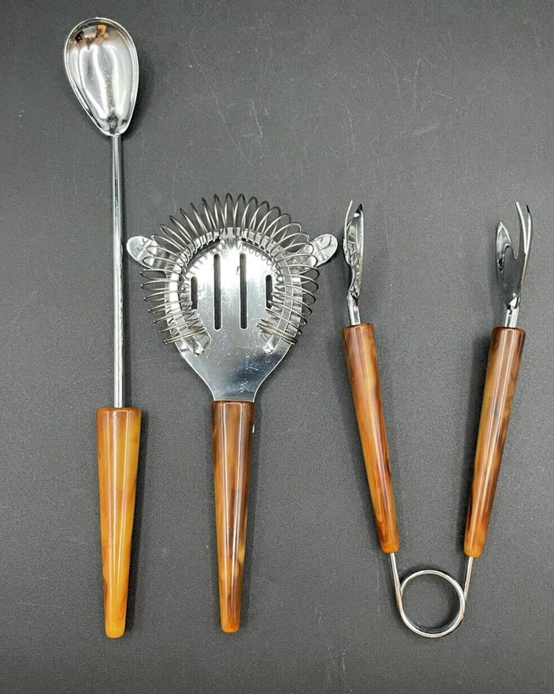 Tortoise Shell Bakelite Barware Martini Utensils - Spoon Tongs Strainer