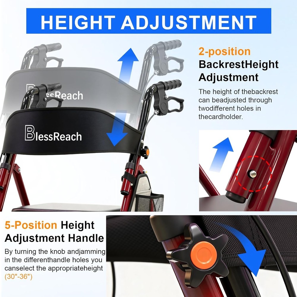 Lightweight Rollator Walker with Seat Foldable 350 lb Capacity Adjustable Height