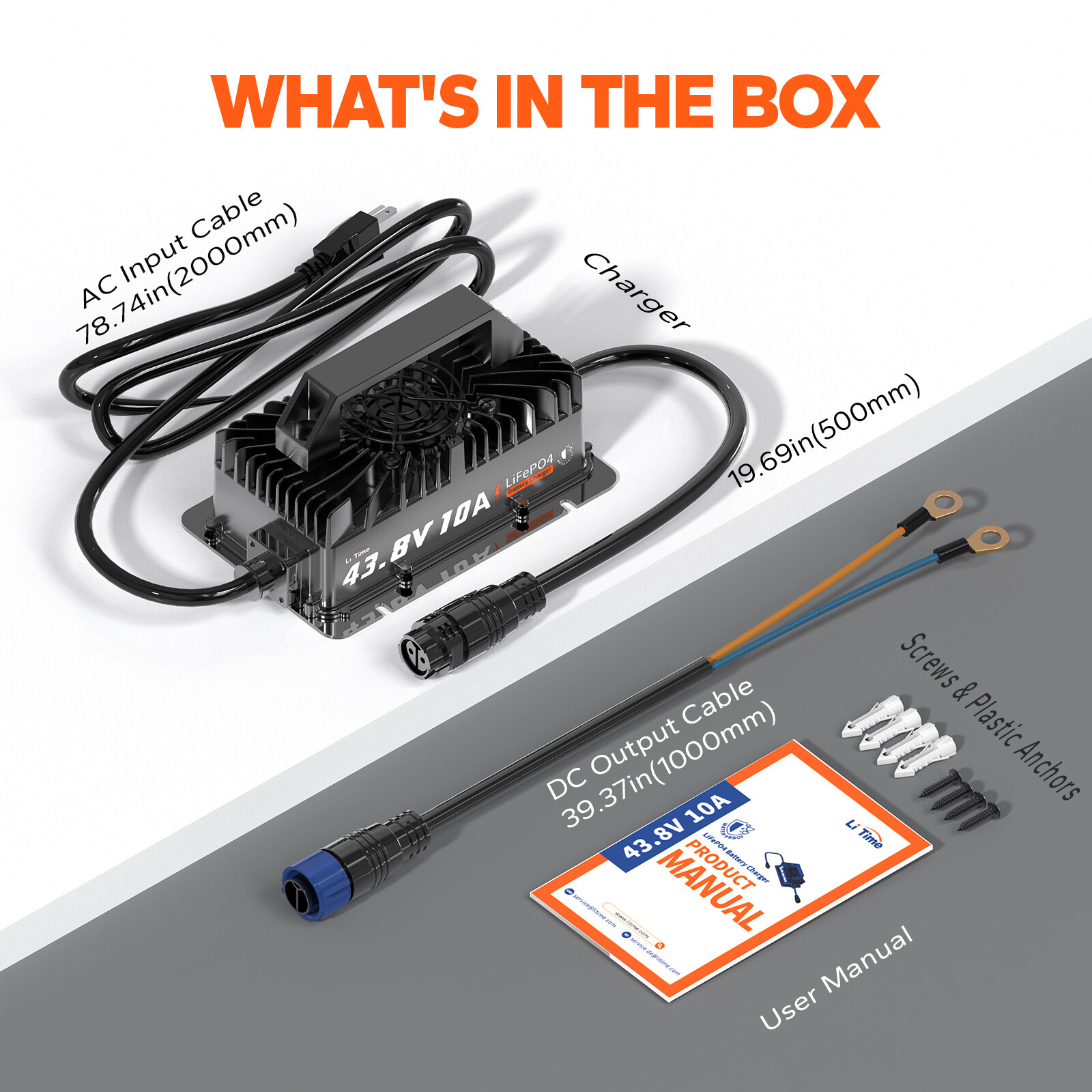 LiTime 36V 43.8V 10A AC-DC Smart Charger Waterproof for Lithium LiFePO4 Battery