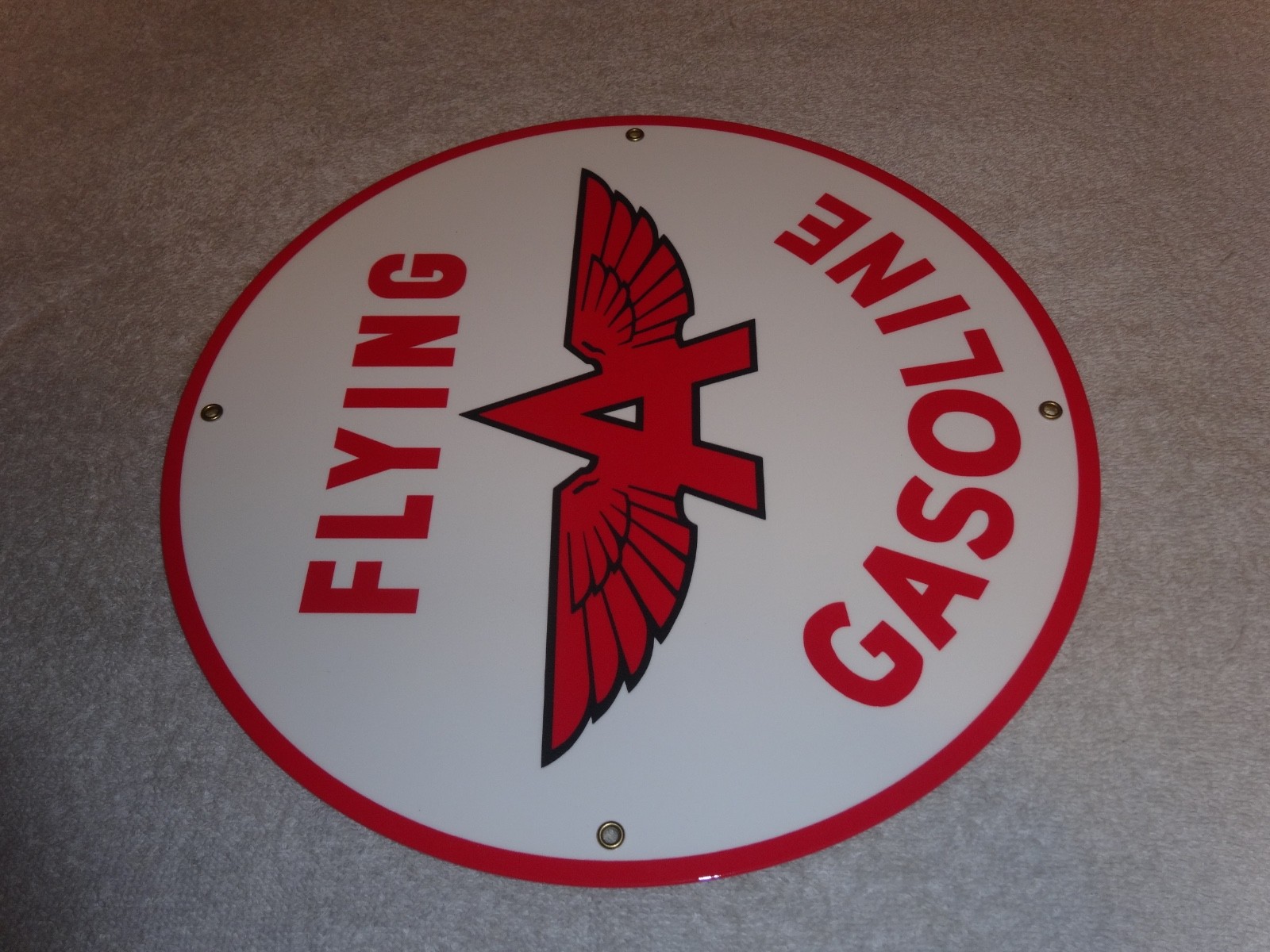 VINTAGE FLYING A GASOLINE WHITE 11 3/4" PORCELAIN METAL SERVICE STATION OIL SIGN
