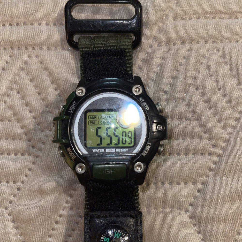 Dan Stevens Digital Watch 30 M With Compass Adjustable Fabric Band EUC