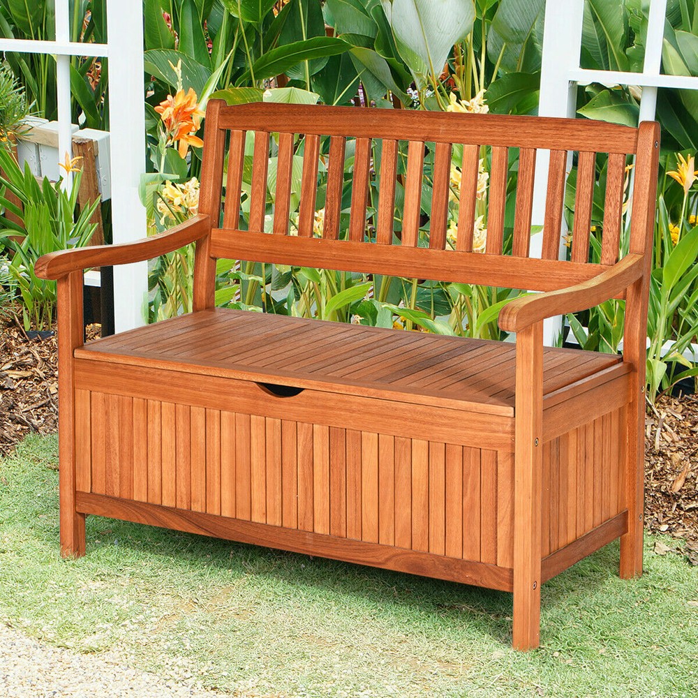 42" Storage Bench Deck Box Solid Wood Seating Container Tools Toys W/Backrest