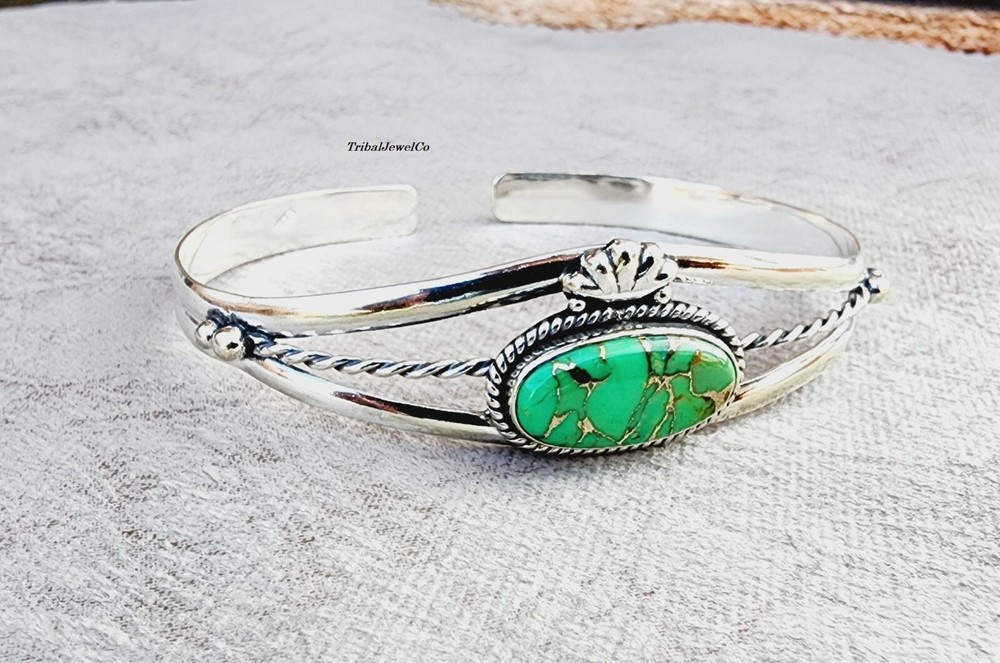 925 Sterling Silver Green Copper Turquoise Bangle Adjustable Bangle Gemstone