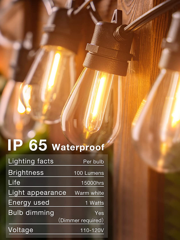 50FT LED Outdoor String Lights with Edison Shatterproof Bulbs, Weatherproof Stra