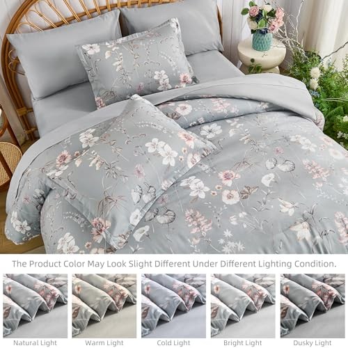 Comforter Set Botanical Floral Bedding Comforter Sets Size for All Queen Grey