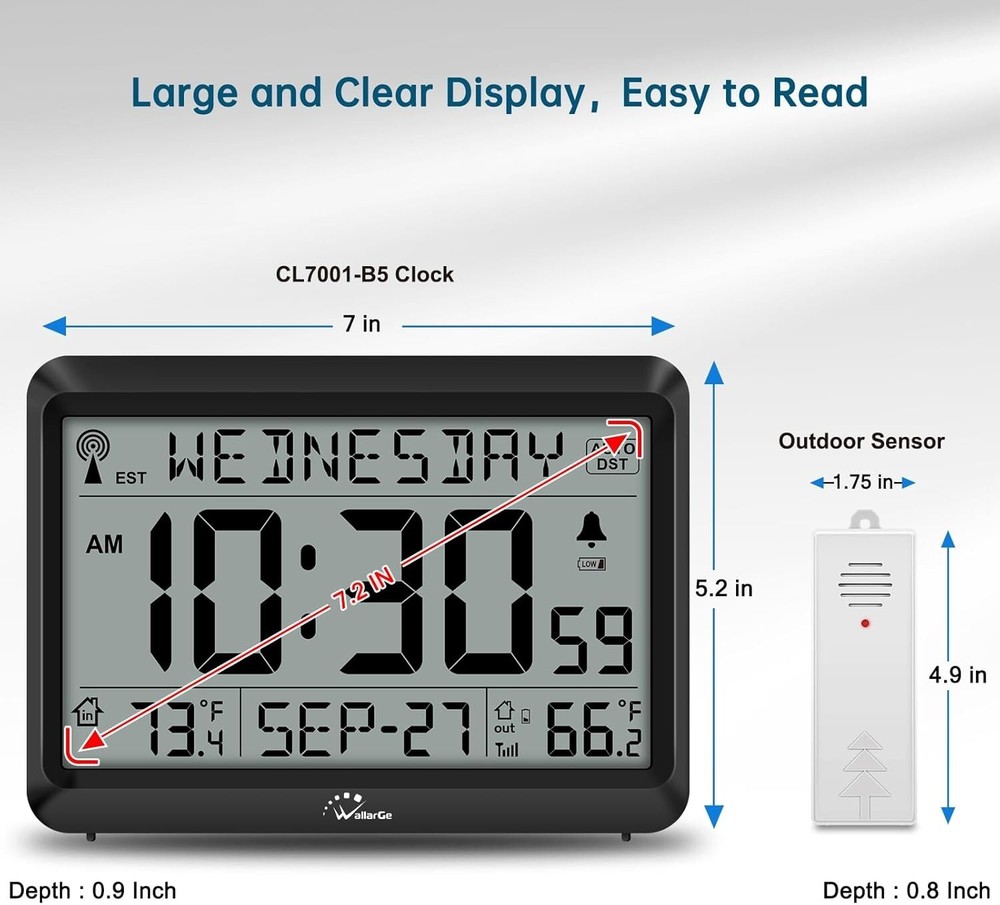 WallarGe Atomic Clock with Indoor Outdoor Temperature, Self-Setting Wall Clock