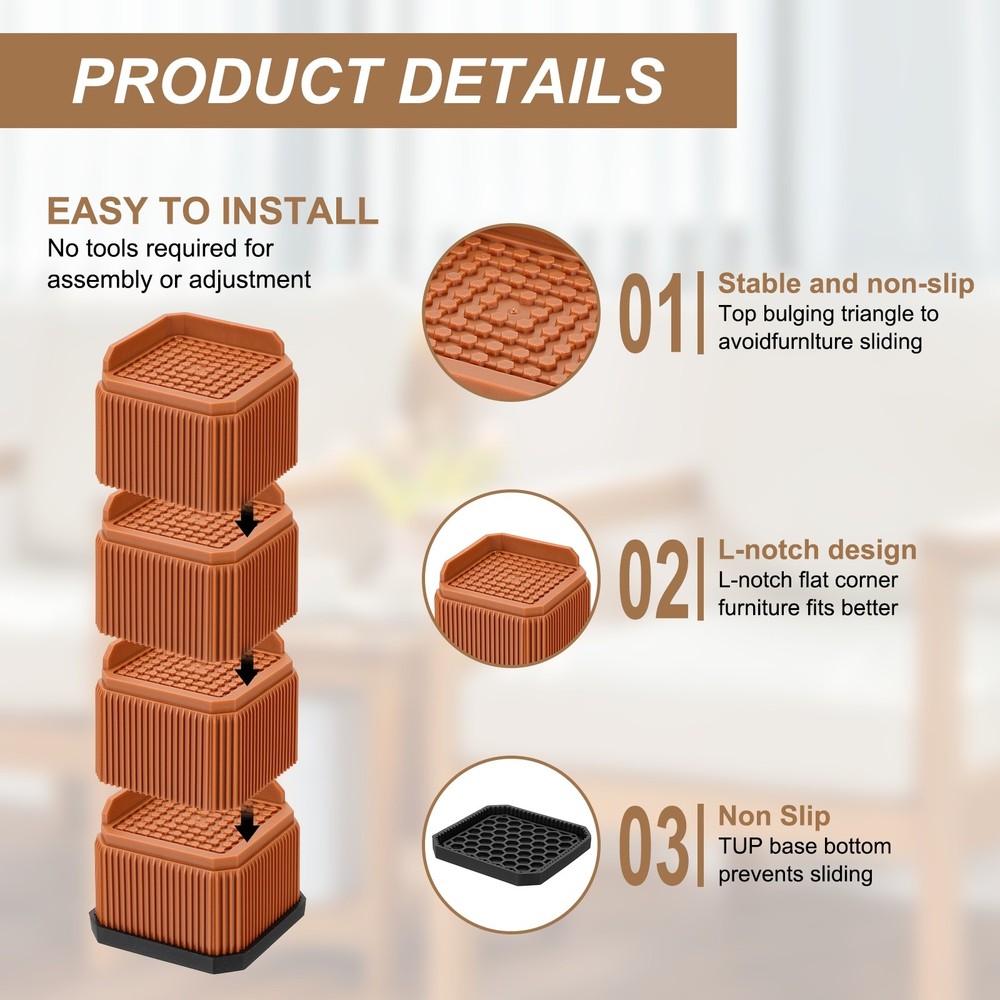 Bed Risers, Square Heavy Duty Stackable Lift Block to 2 Inch, Brown
