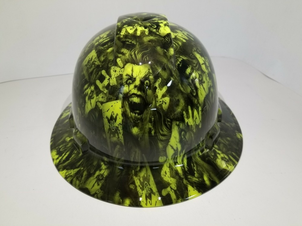 FULL BRIM Hard Hat custom hydro dipped ,   LIME COLOR JOKER DECK STACKED