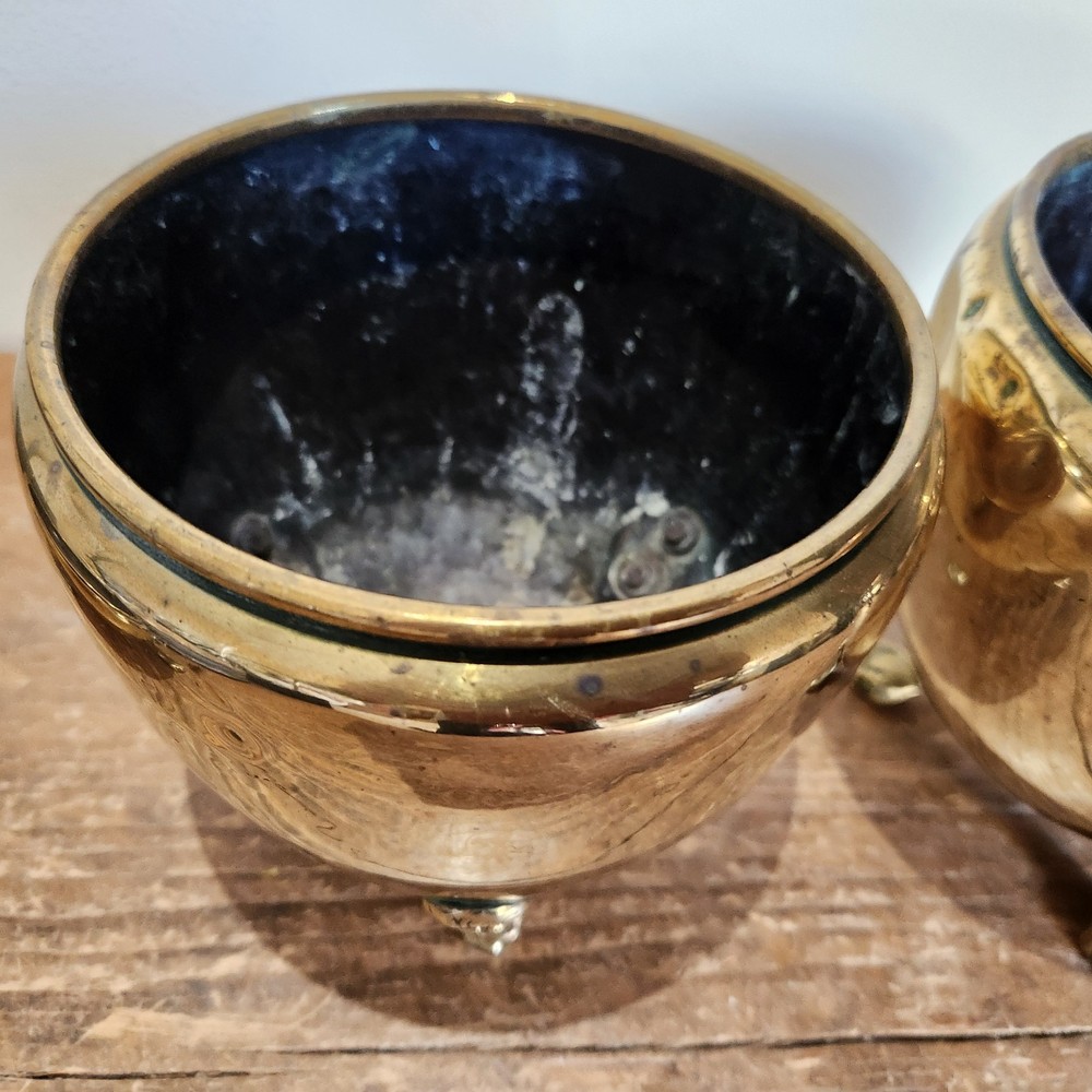 Antique Solid Brass Three Small/Medium Cache Pots on Styalised Liohead/Paw Feet