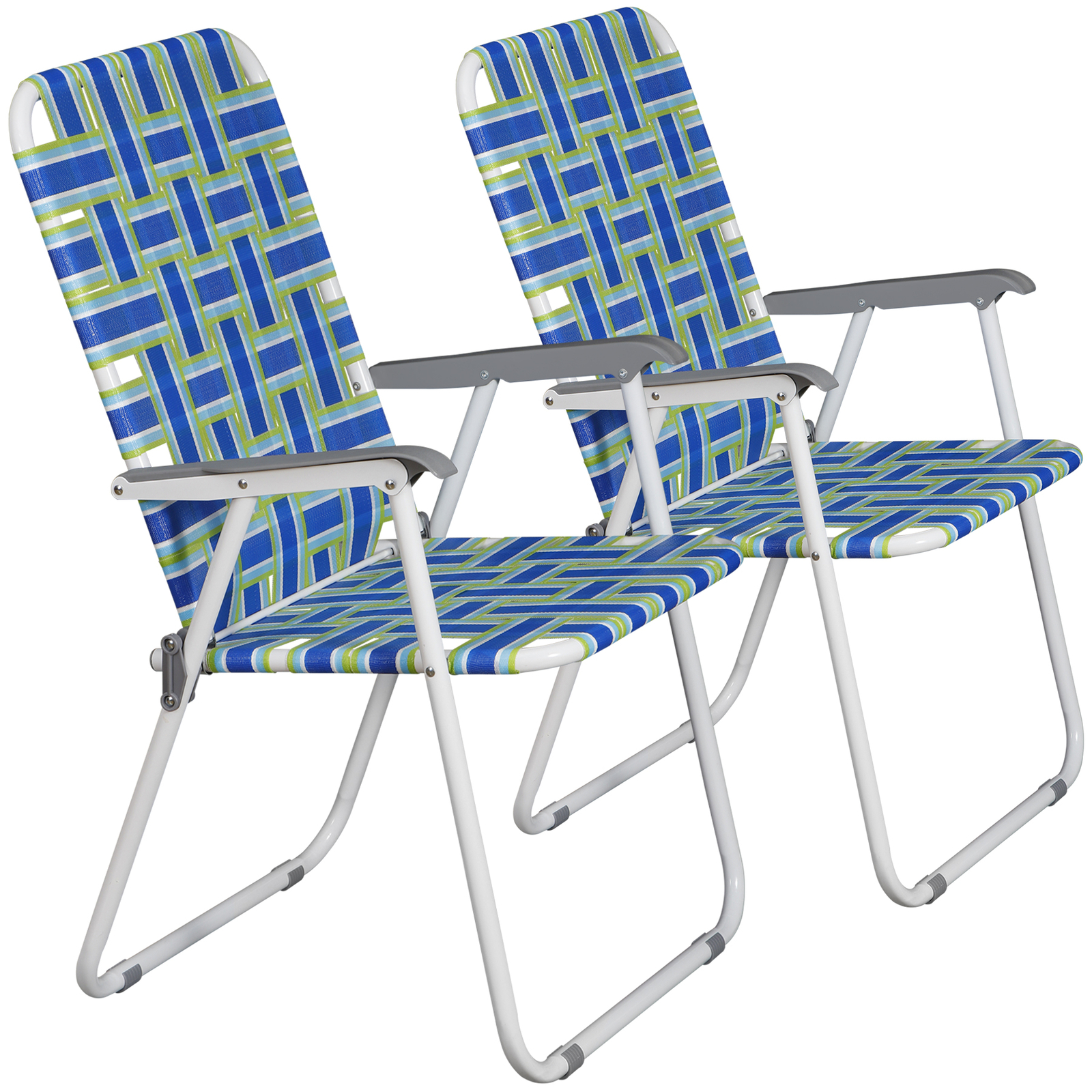 Metal Frame Blue Beach Chairs Set of 2 Webbed Folding Patio Lawn Camping Chairs
