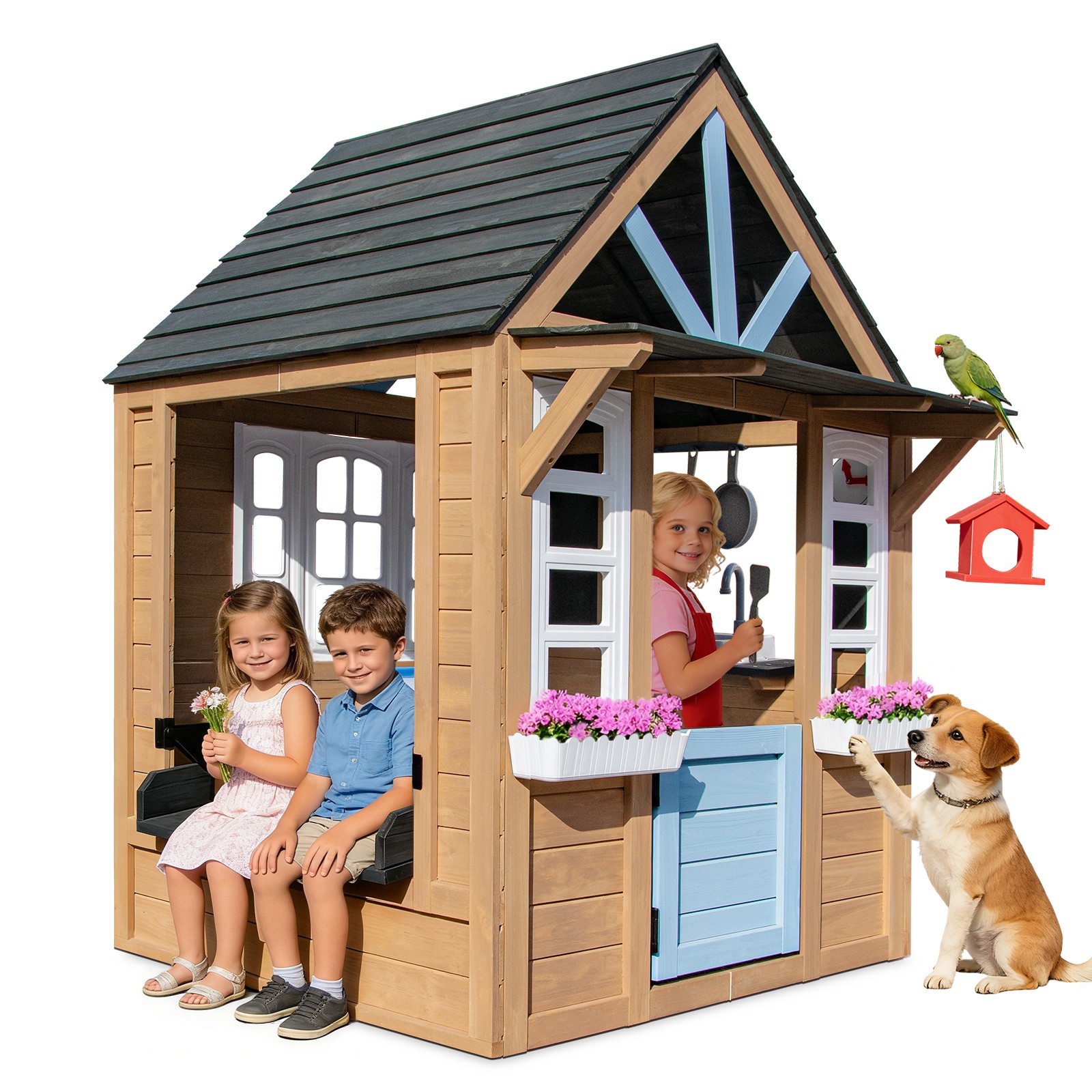 Outdoor Wood Kid Playhouse Backyard Garden Cottage Play Kitchen,Bench,Chalkboard
