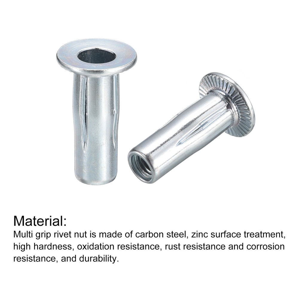 5pcs M6 Multi-Grip Rivet Nuts Pre-Bulbed Shank Flat Head Threaded Insert Nuts