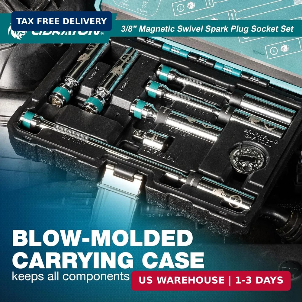 LIBRATON 8PCS 3/8"Dr. Magnetic Spark Plug Socket Set, Include Gapper & Extension