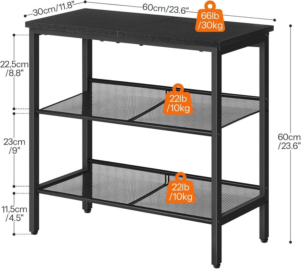 Black Side Table 3-Tier Metal Side Table Small Black Table W/ 2 Flat/Slant