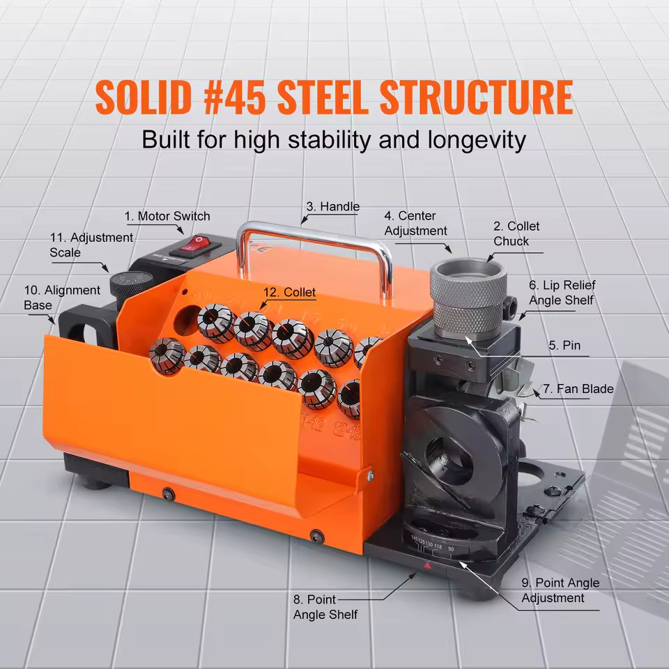 MR-13B Drill Bit Sharpener 3-13mm Portable Grinder + 11 Collets for Workshop
