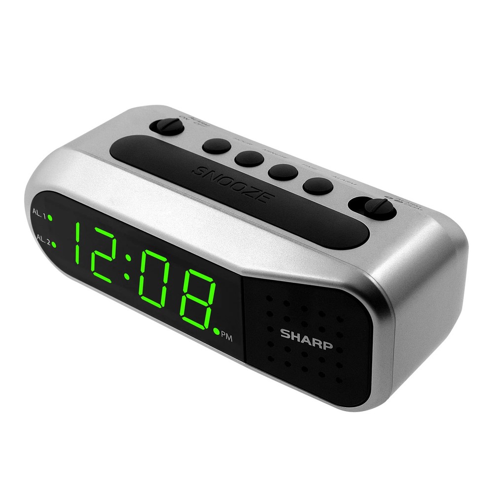 Digital Dual Alarm Clock Silver Green LED