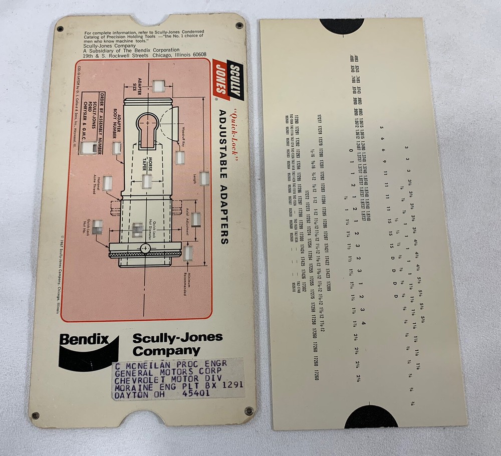 BENDIX Scully -Jones - Quick Lock Adjustable Adapters CALCULATOR Slide Chart