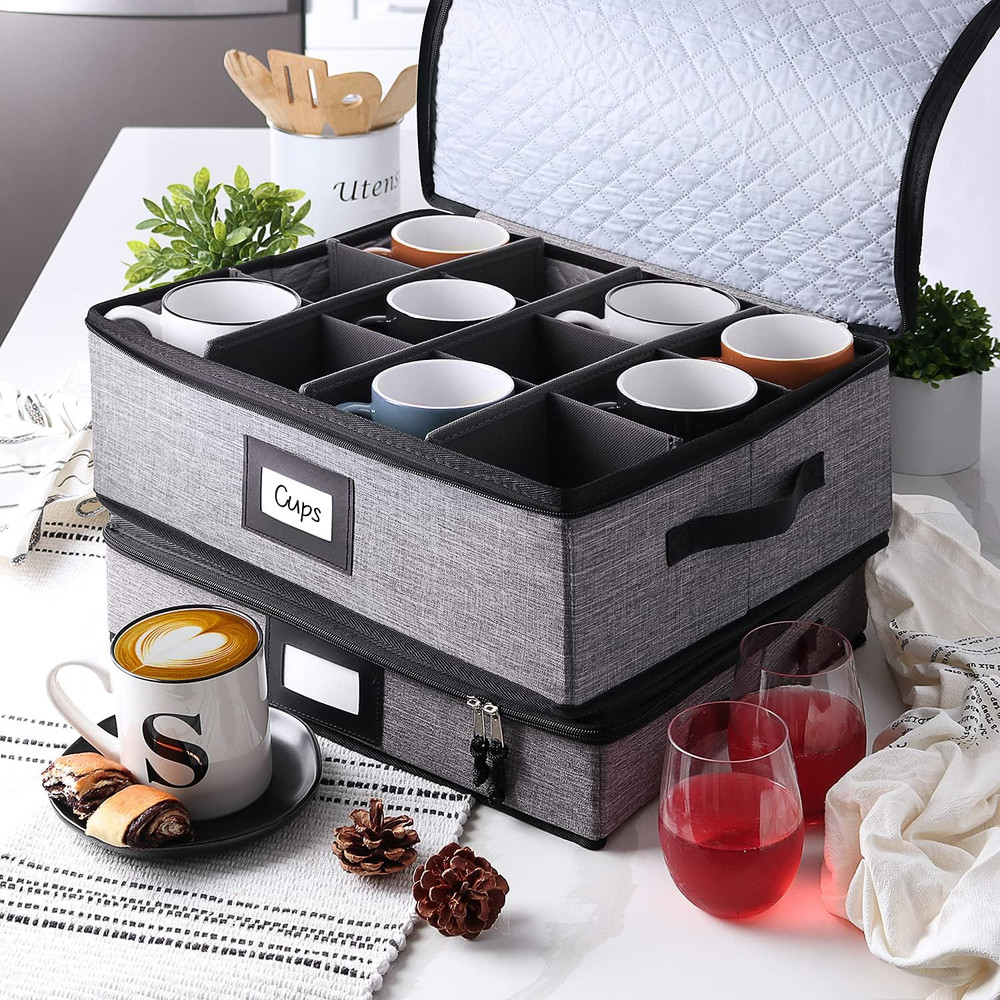 Stackable Quilted Coffee Mug Storage Organizer for 12, Grey Hard Shell