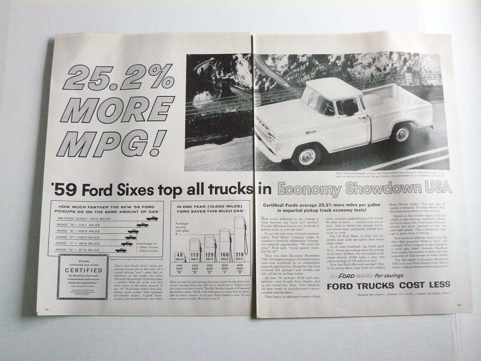 1959 Ford F100 Pickup Truck White Styleside 2-page Vintage Print Ad
