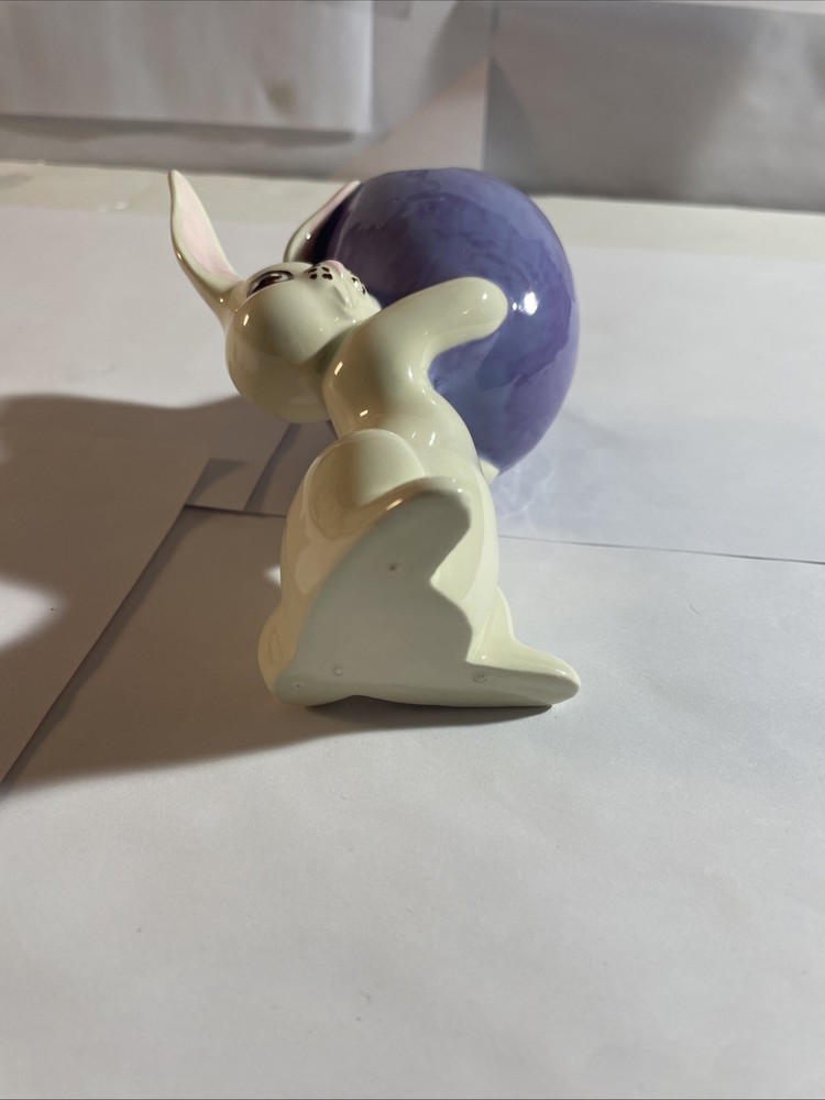 Ceramic Easter Egg Bowl with Bunny Flowers Vintage