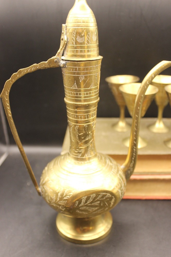 Brass Tea Pot Hinged Lid + 4 Goblets Indian Middle Eastern Service Set