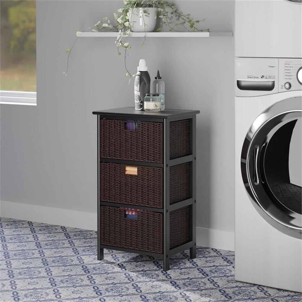 Bowery Hill Transitional Solid Wood Storage Rack w/ 3 Foldable Baskets - Black