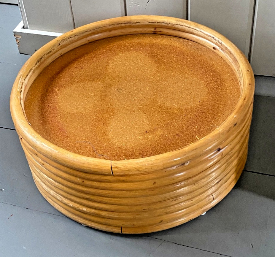 MCM Stacked 9 Band Bent Rattan Bamboo Ottoman Footstool Cushion Vtg Mid-Century