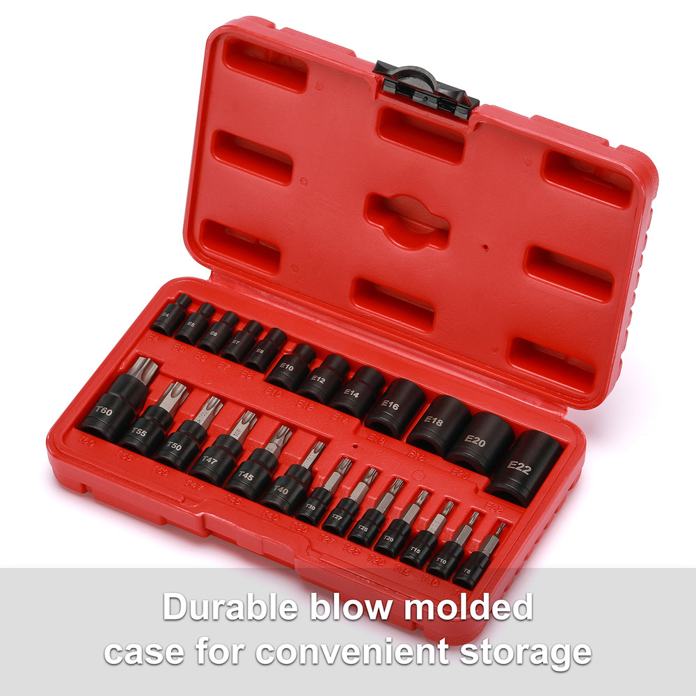 25PCS Torx Bit Socket and External Socket Set T8- T60 & 12 Female E-Torx Sockets