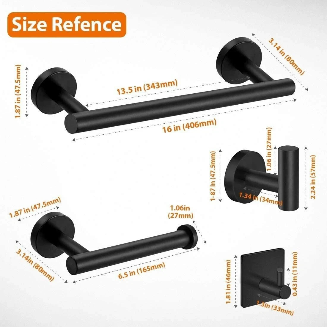 6 Pcs Black Bathroom Hardware Set Stainless Steel Towel Bar Towel Racks Hooks