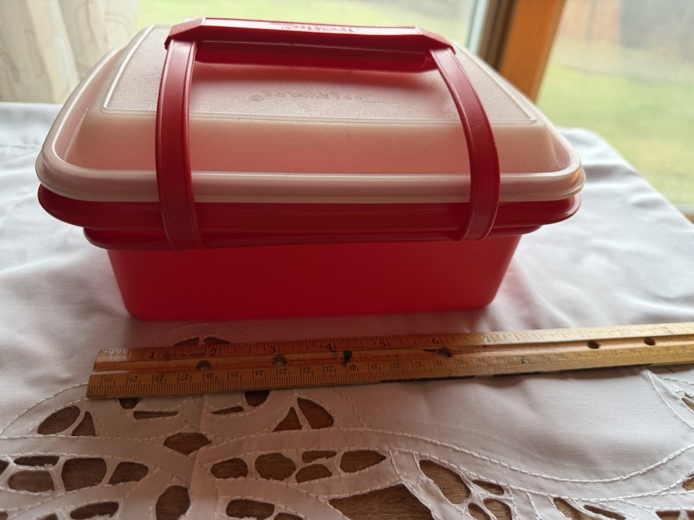 Tupperware Red & White Rectangle Plastic Lunch Box Snap Lid Handle 3-Piece Set