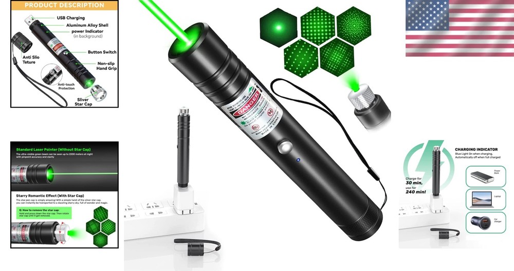 High Power Tactical Green Laser Pointer with Adjustable Focus & USB Recharge