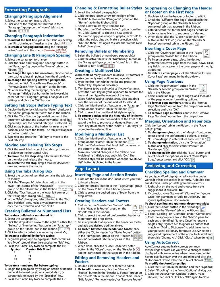 Word 2021 & 365 Training Guide Quick Reference Card Cheat Sheet Instructions
