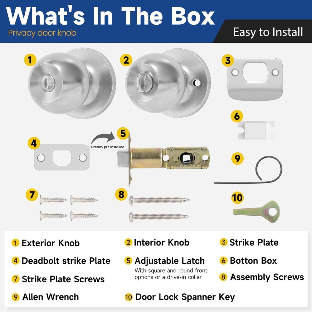 RAFECIEE Privacy Door Knob Keyless Knobs Interior 1 Pack, Satin Nickel