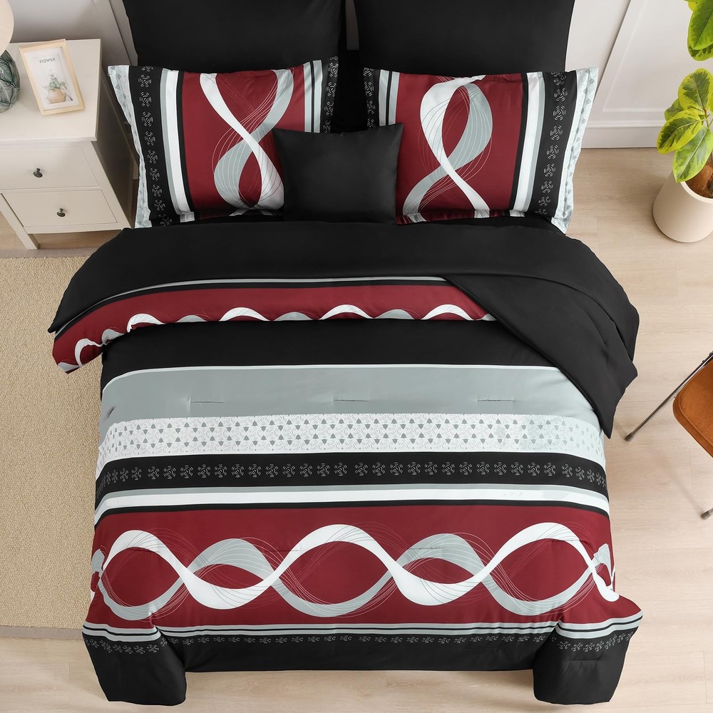 Comforter Set Size, 8 Pieces Striped Bed in a Bag, Patchwork Burgundy Queen