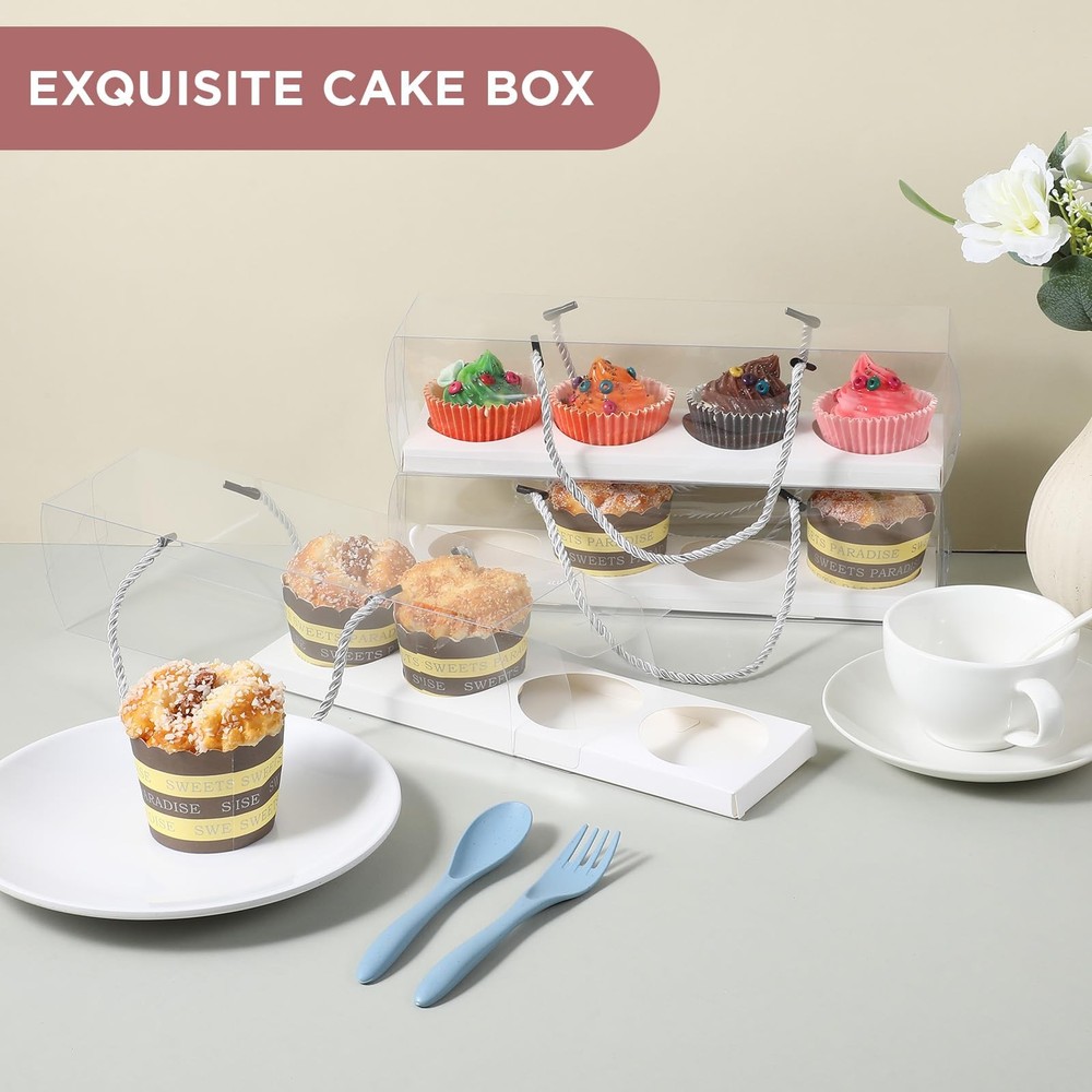 24 Pcs Clear Cupcake Boxes with Handle 12x3x3 Inch Rectangular Container Muffin