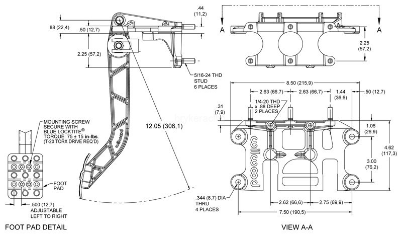 Forward Swing Mount Brake and Clutch Pedal Combo Assembly Wilwood Triple 6.25:1