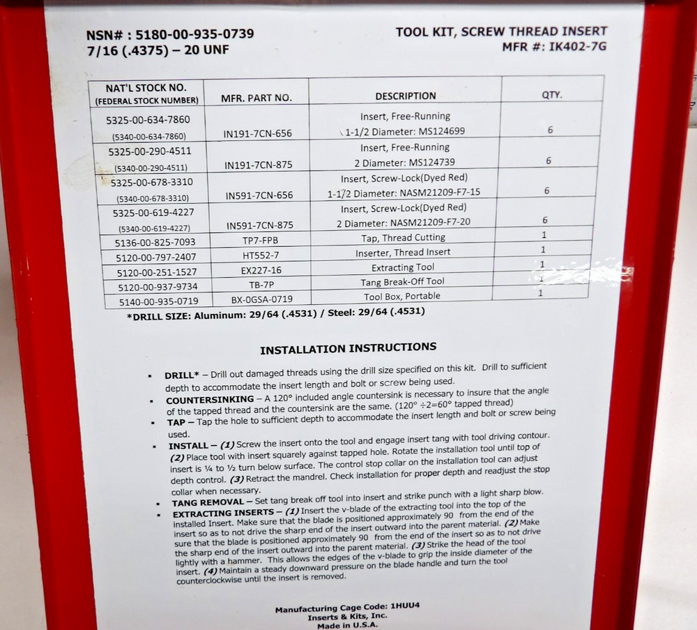 New Helicoil Threaded Insert Installation Kit Thread Size: 7/16"-20