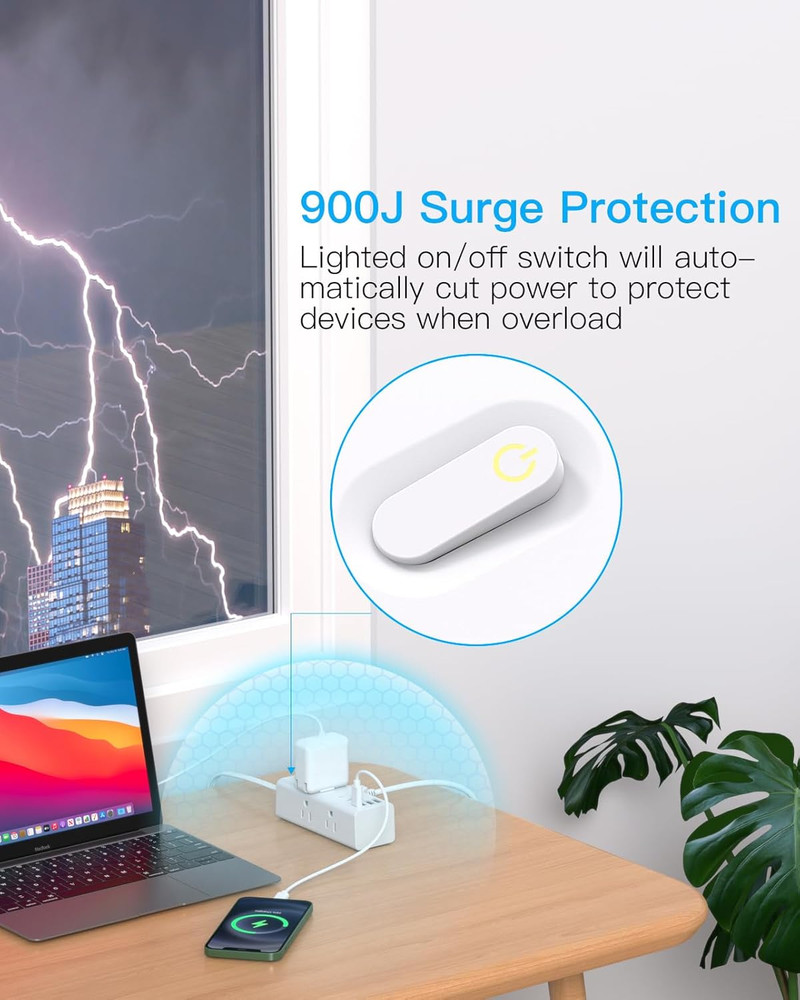 15Ft Extension Cord with Multiple Outlets, Flat Plug Power Strip Surge Protector