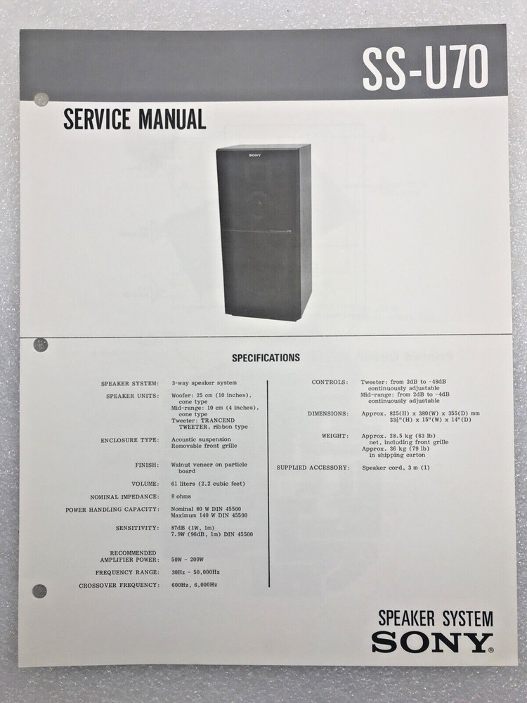 Original OEM Sony SS-U70 Service Manual Repair Speaker System 1982