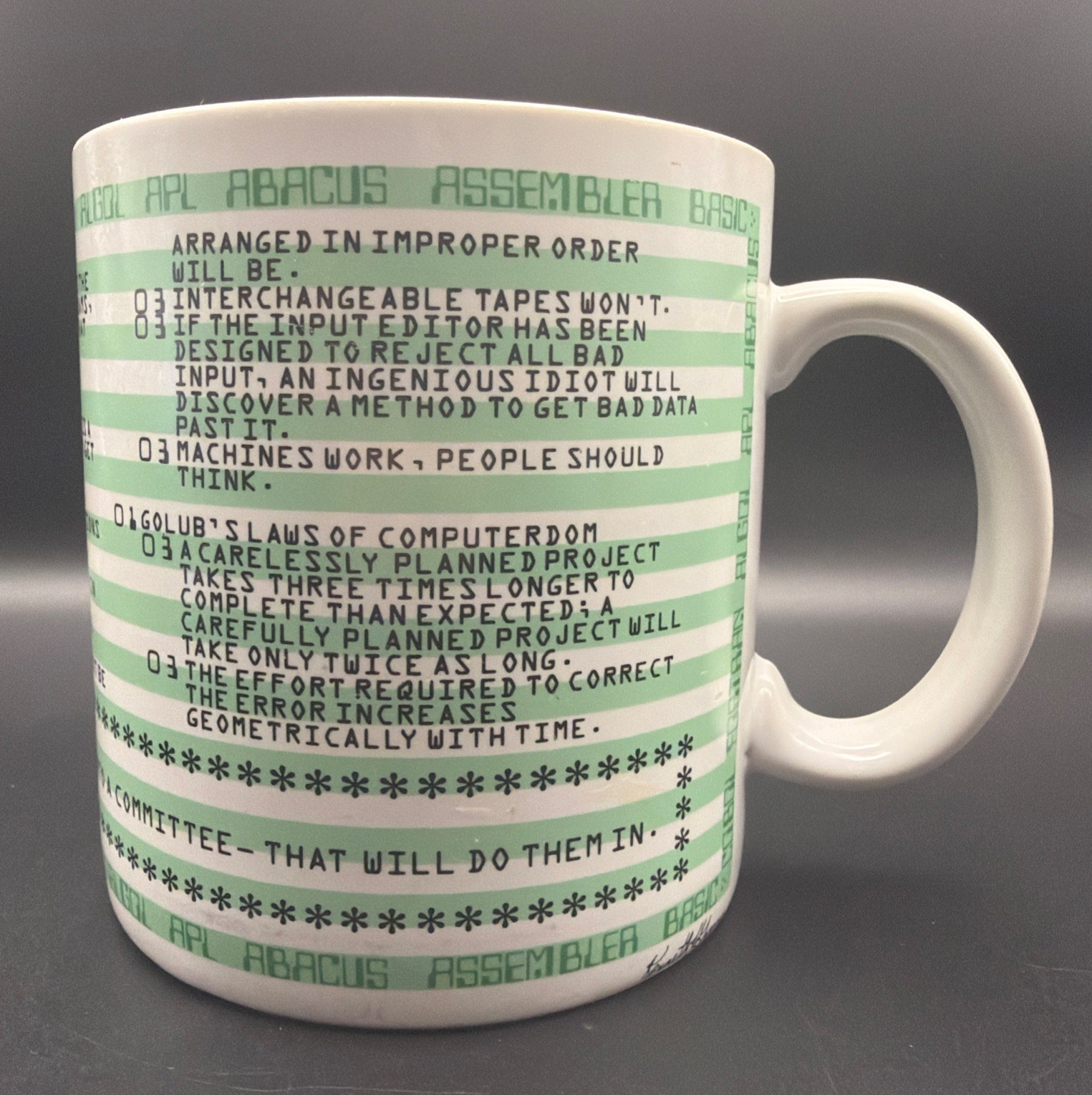 Vtg 80s Kenneth Grooms Laws Of Computer Programming 1982 Mug Printer Paper Funny