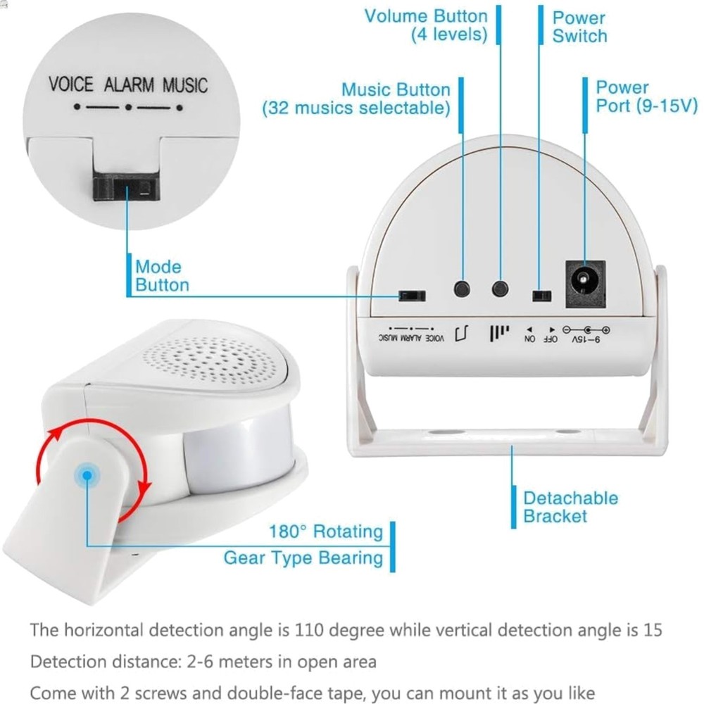 Compact Wireless Motion Chime Alarm - 2-6M Detection Range for Shops and Offices
